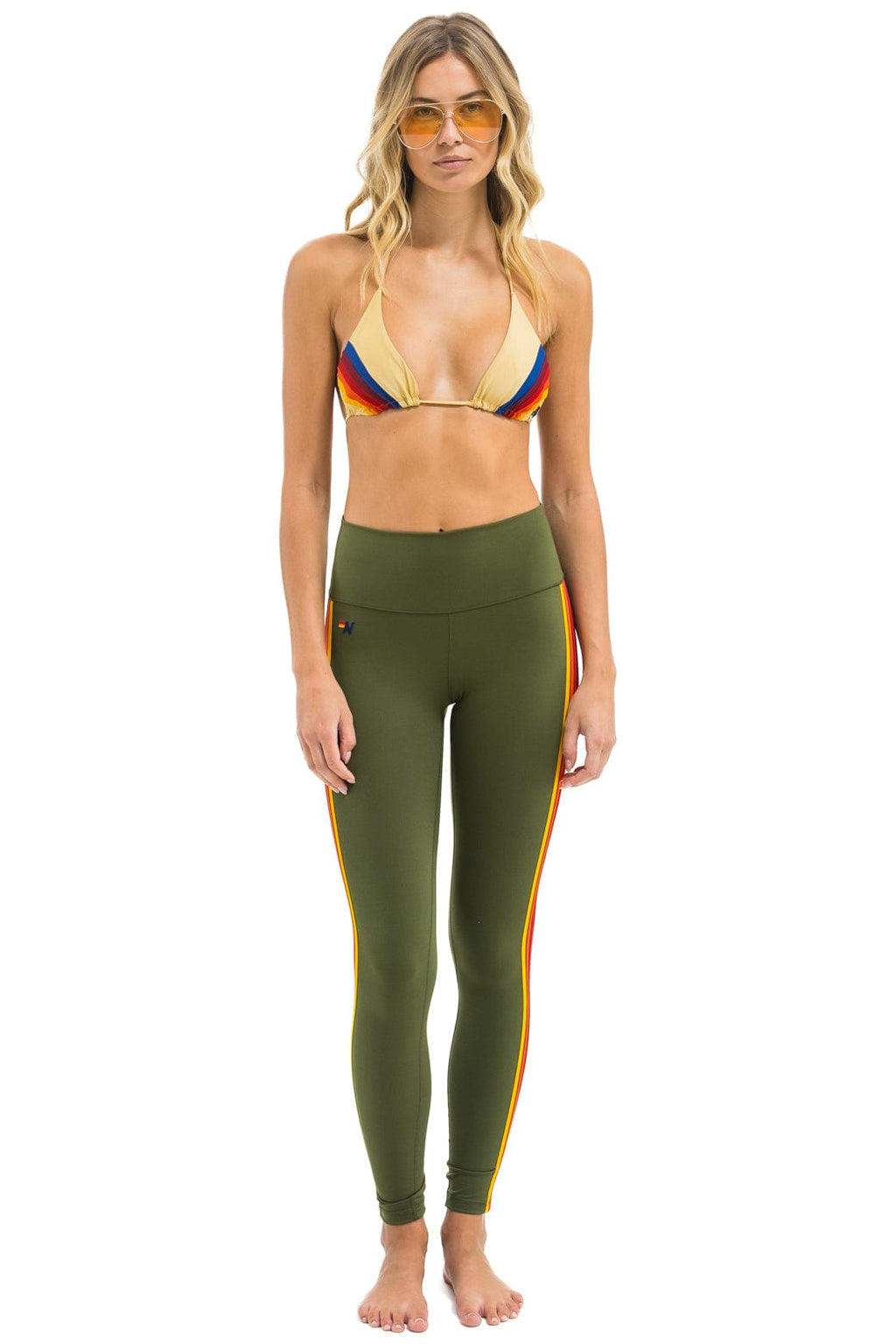 Retro FULL LENGTH HI-RISE 5 STRIPE LEGGINGS - LEAF