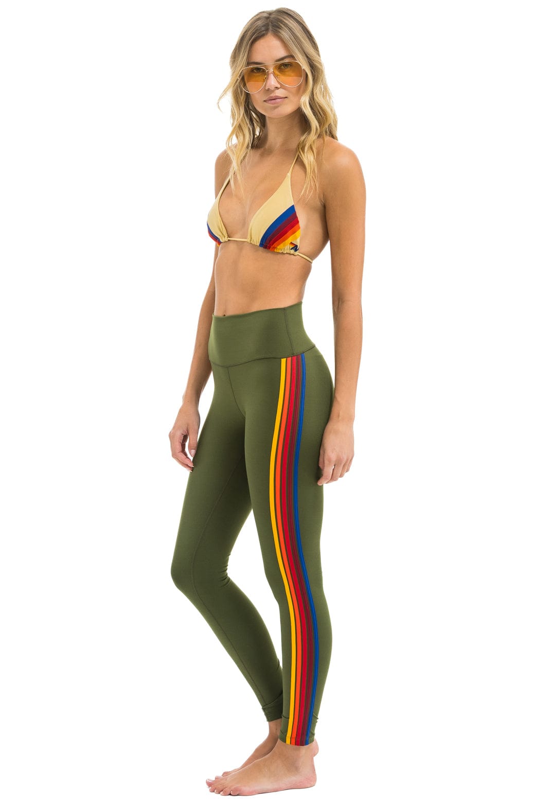 Retro FULL LENGTH HI-RISE 5 STRIPE LEGGINGS - LEAF