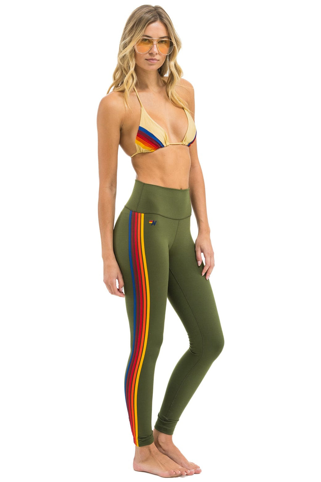 Retro FULL LENGTH HI-RISE 5 STRIPE LEGGINGS - LEAF