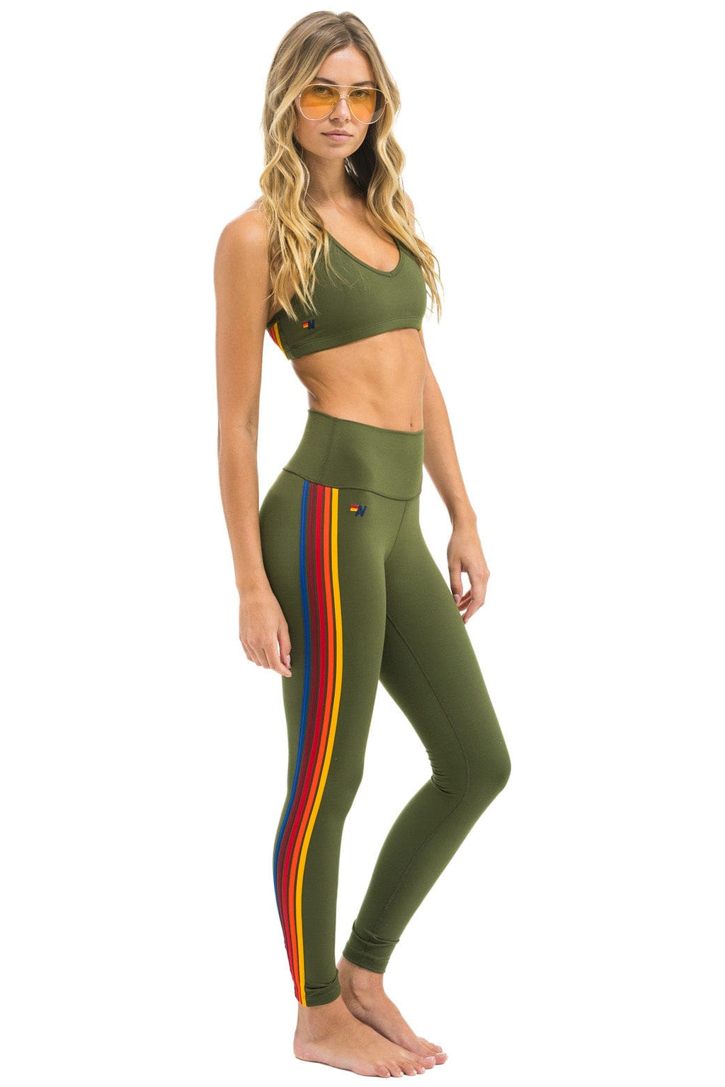 Retro FULL LENGTH HI-RISE 5 STRIPE LEGGINGS - LEAF
