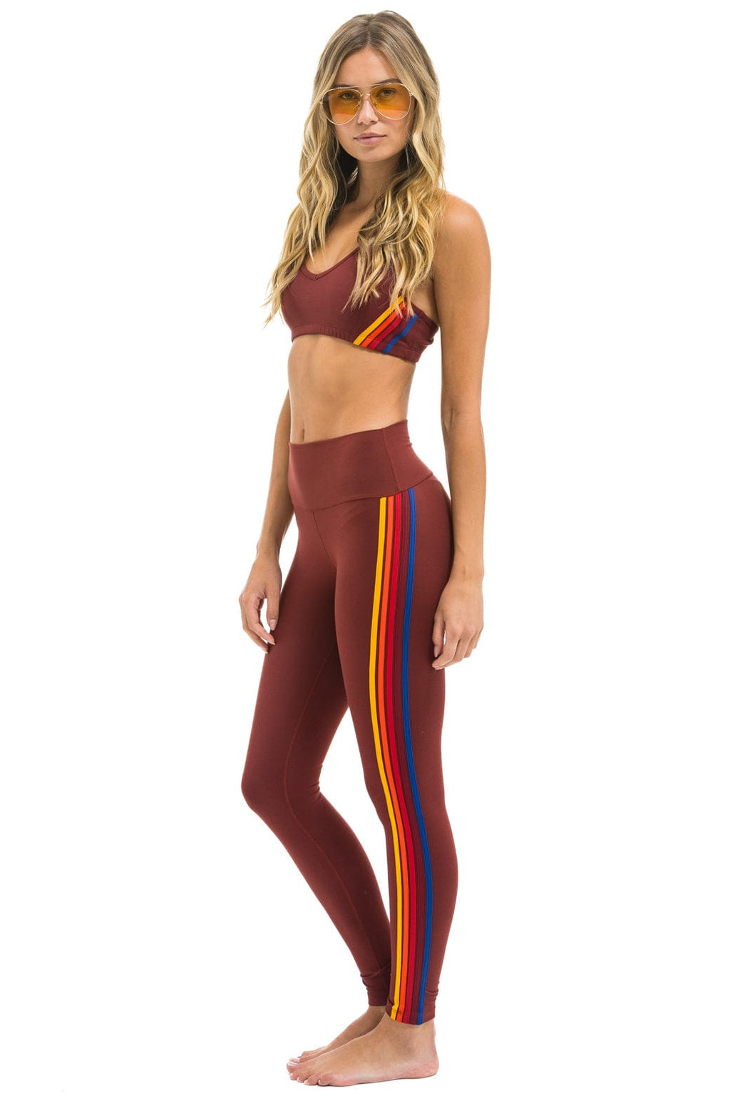 Retro FULL LENGTH HI-RISE 5 STRIPE LEGGINGS - BRICK