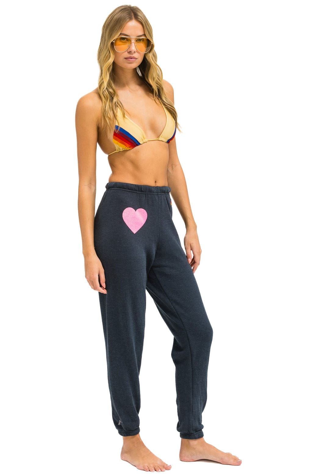 Retro GLITTER HEART SWEATPANTS - CHARCOAL NEON PINK