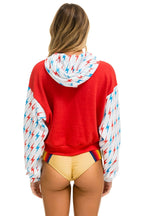 Retro AVIATOR BOLT COLOR BLOCK W BOLT EMBROIDERY RELAXED CROPPED PULLOVER HOODIE - RED USA