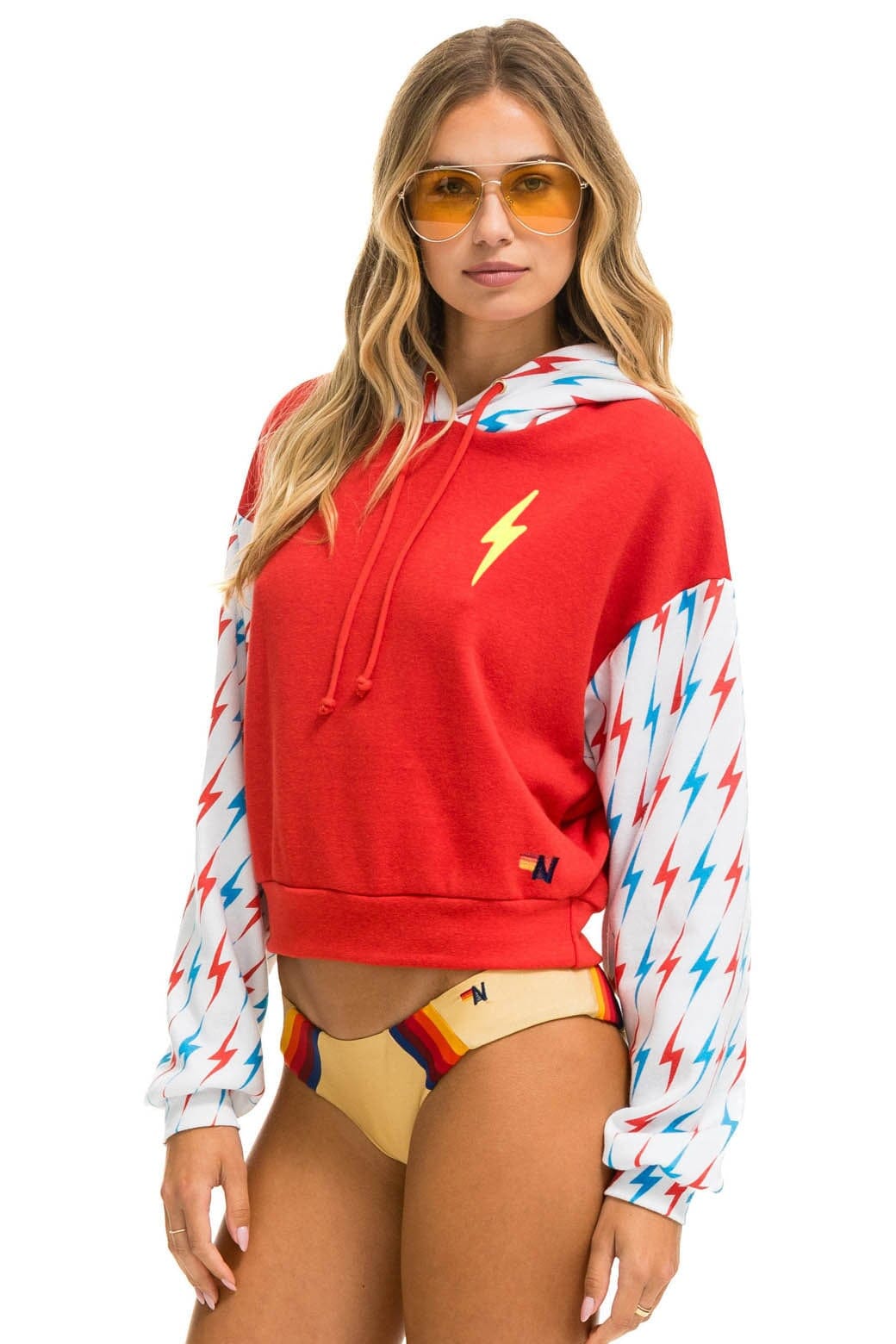 Retro AVIATOR BOLT COLOR BLOCK W BOLT EMBROIDERY RELAXED CROPPED PULLOVER HOODIE - RED USA