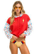 Retro AVIATOR BOLT COLOR BLOCK W BOLT EMBROIDERY RELAXED CROPPED PULLOVER HOODIE - RED USA