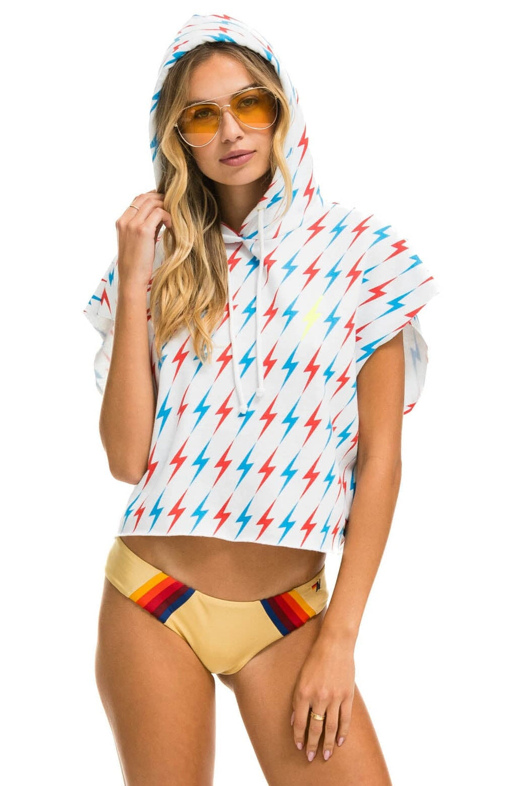 Retro AVIATOR BOLT SLEEVELESS RELAXED CROPPED PULLOVER HOODIE - WHITE USA