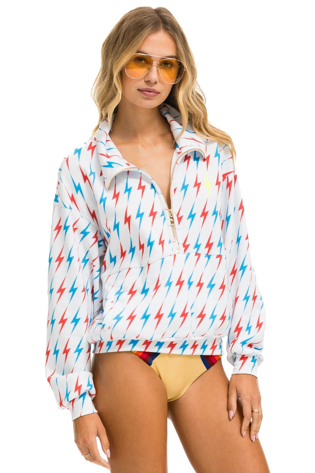 Retro AVIATOR BOLT W BOLT EMBROIDERY FLEECE HALF ZIP SWEATSHIRT - WHITE USA