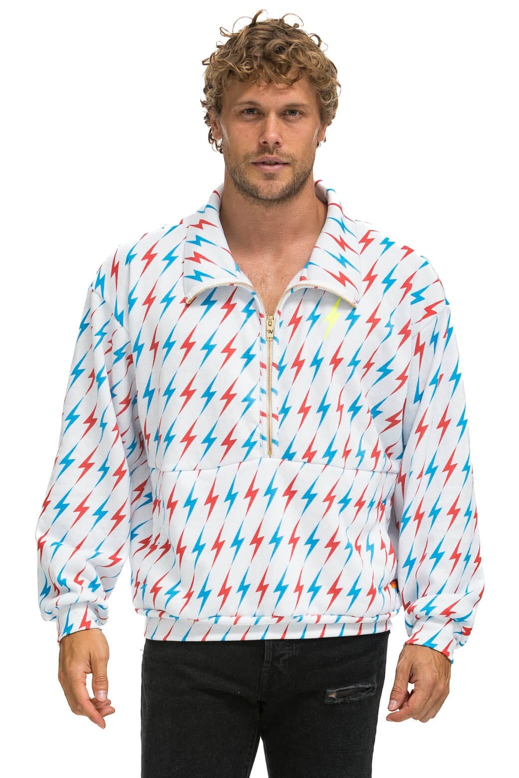 Retro AVIATOR BOLT W BOLT EMBROIDERY FLEECE HALF ZIP SWEATSHIRT - WHITE USA