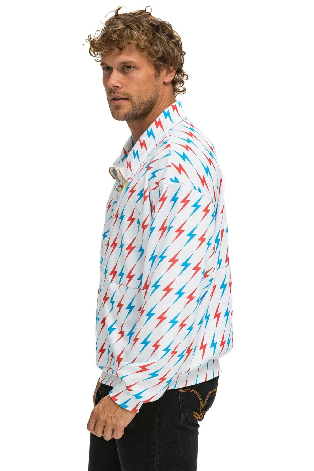 Retro AVIATOR BOLT W BOLT EMBROIDERY FLEECE HALF ZIP SWEATSHIRT - WHITE USA
