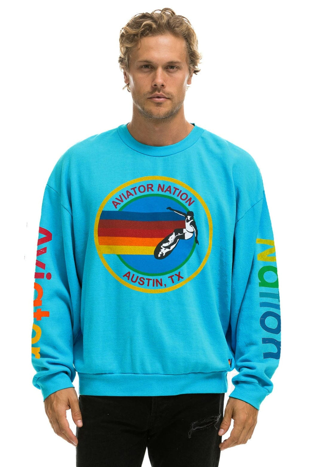 Retro AVIATOR NATION AUSTIN RELAXED CREW SWEATSHIRT - NEON BLUE