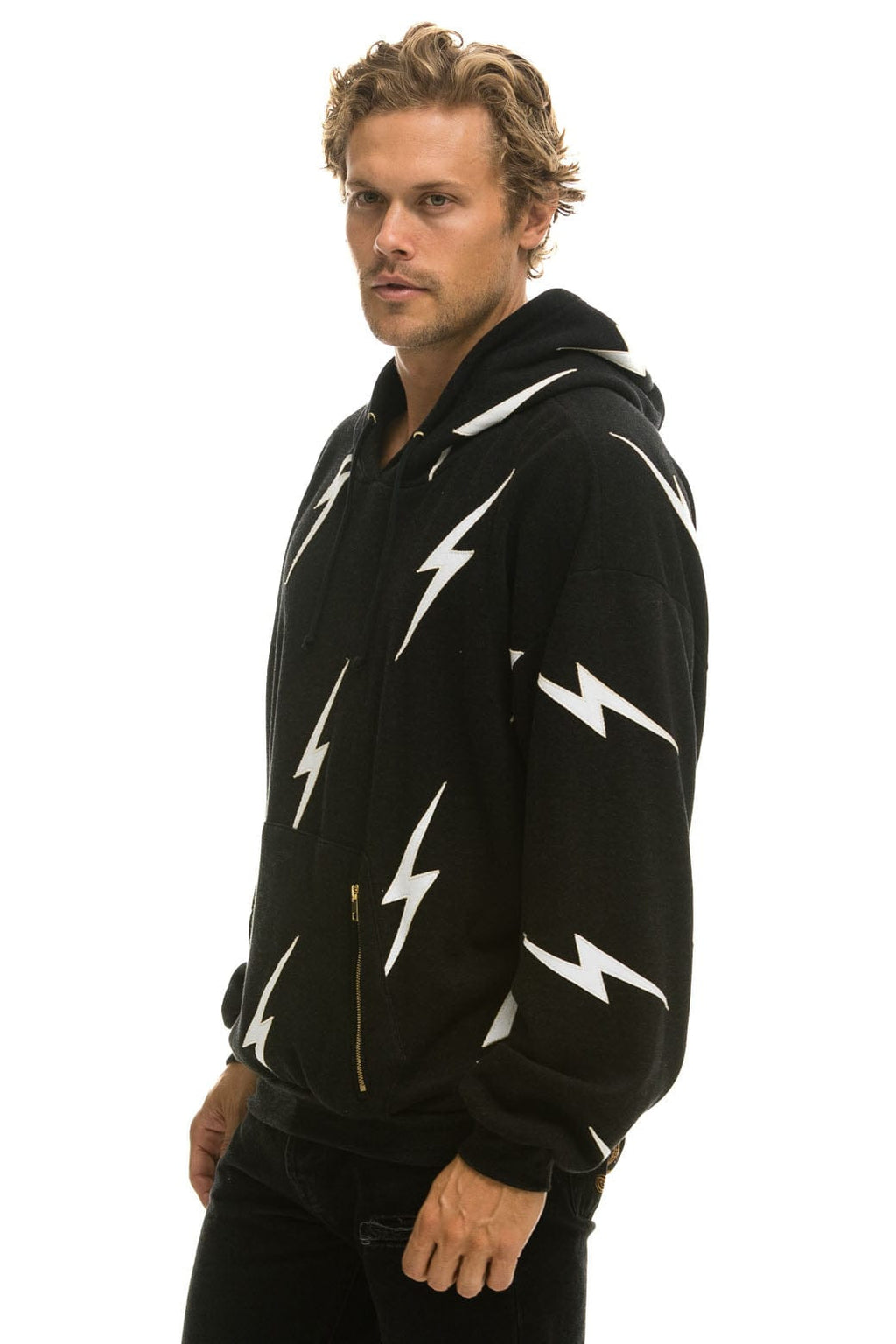 Retro BOLT STITCH REPEAT RELAXED PULLOVER HOODIE WITH POCKET ZIPPERS - BLACK WHITE