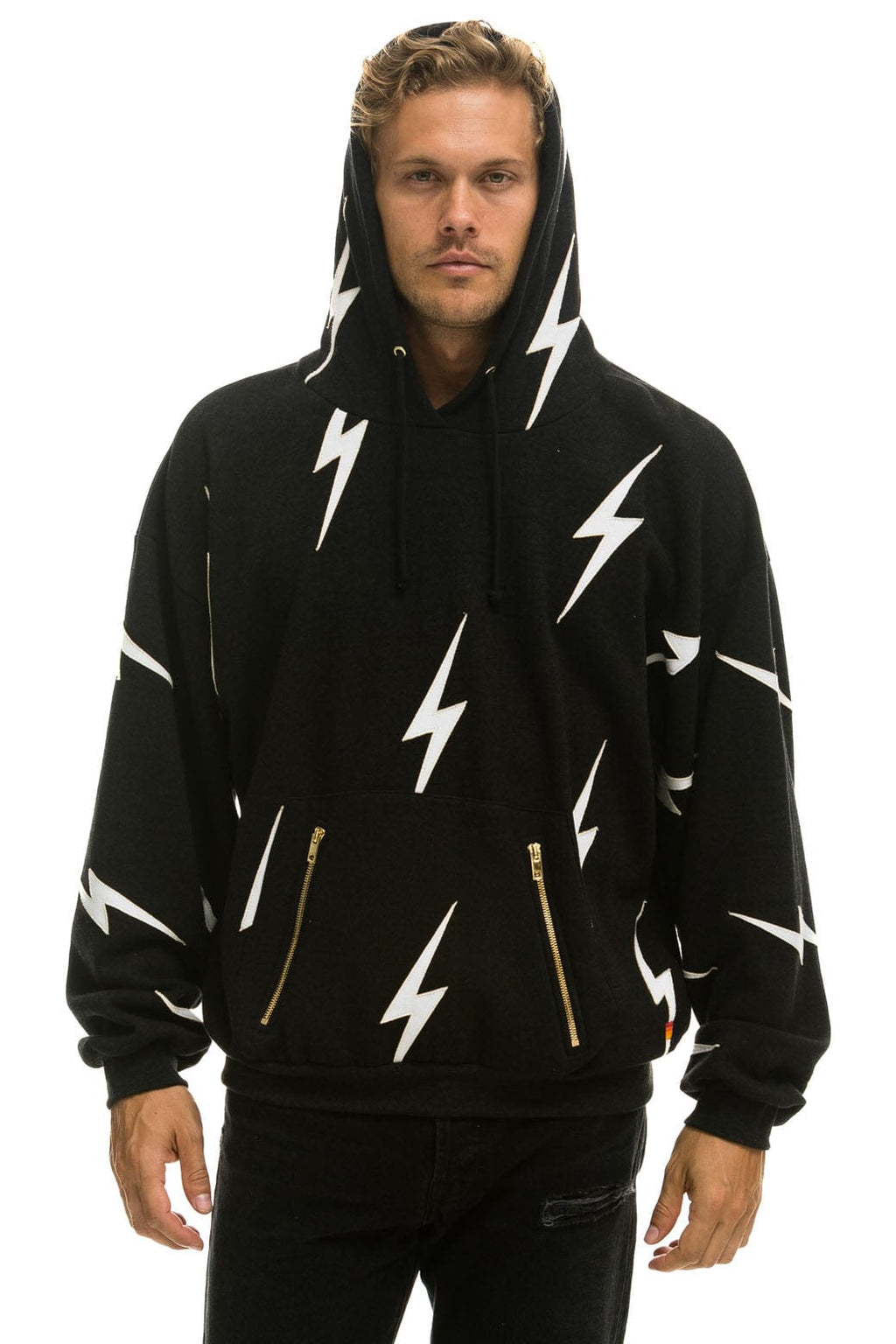 Retro BOLT STITCH REPEAT RELAXED PULLOVER HOODIE WITH POCKET ZIPPERS - BLACK WHITE