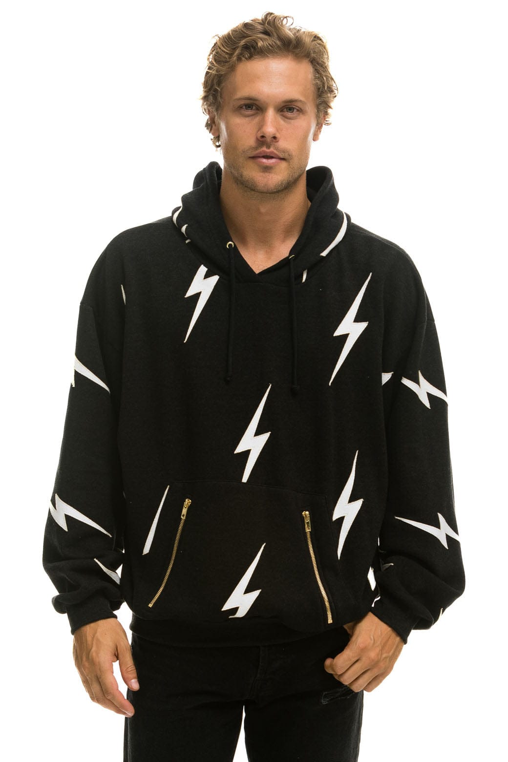 Retro BOLT STITCH REPEAT RELAXED PULLOVER HOODIE WITH POCKET ZIPPERS - BLACK WHITE