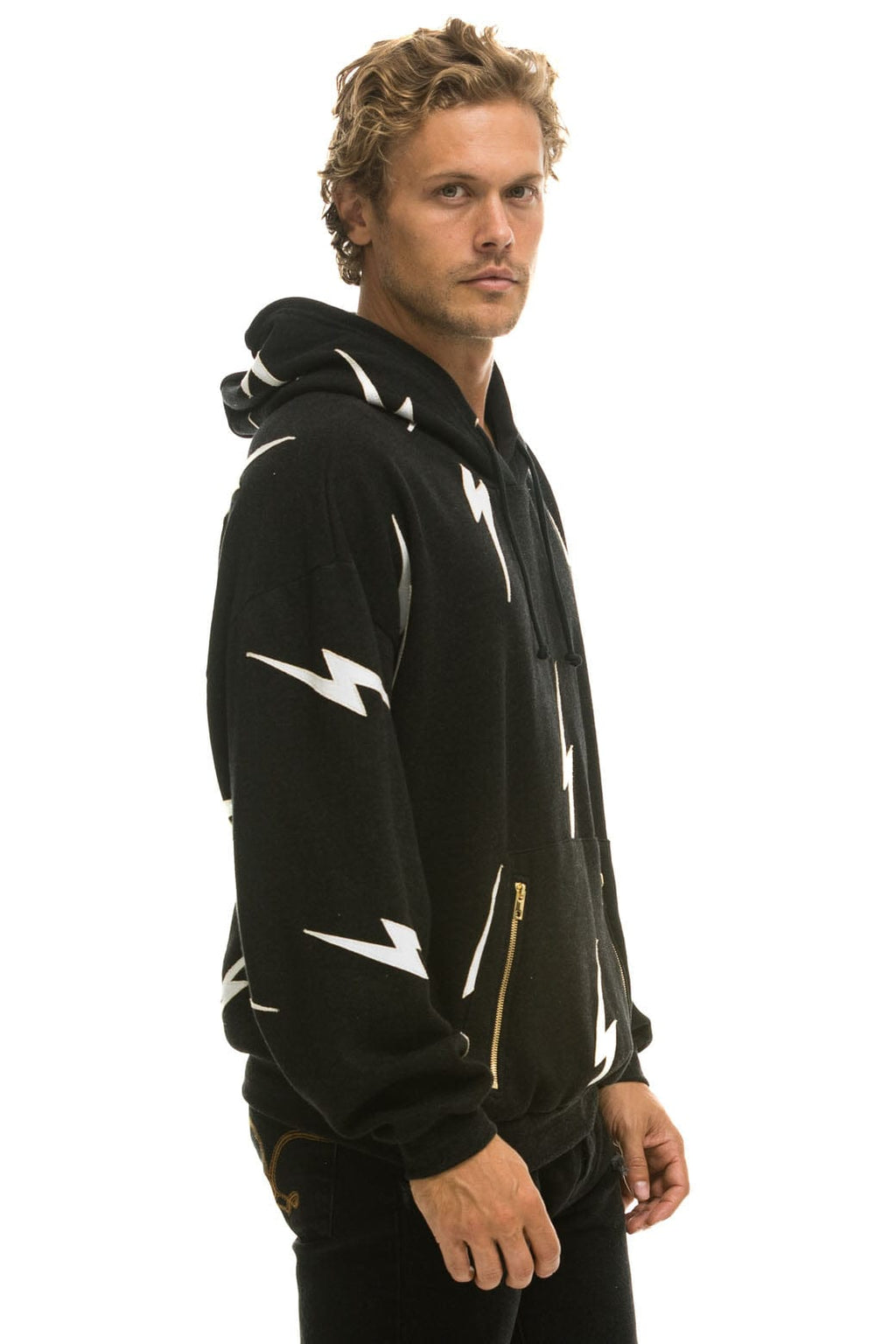 Retro BOLT STITCH REPEAT RELAXED PULLOVER HOODIE WITH POCKET ZIPPERS - BLACK WHITE