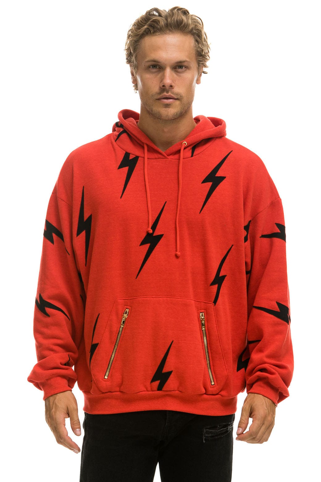 Retro BOLT STITCH REPEAT RELAXED PULLOVER HOODIE WITH POCKET ZIPPERS - RED BLACK