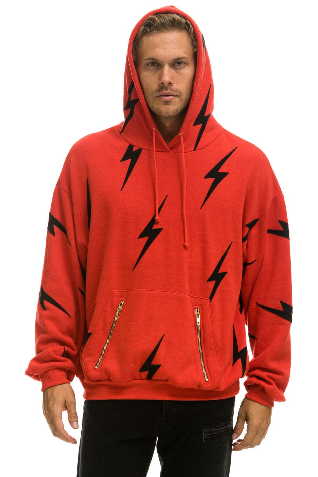 Retro BOLT STITCH REPEAT RELAXED PULLOVER HOODIE WITH POCKET ZIPPERS - RED BLACK