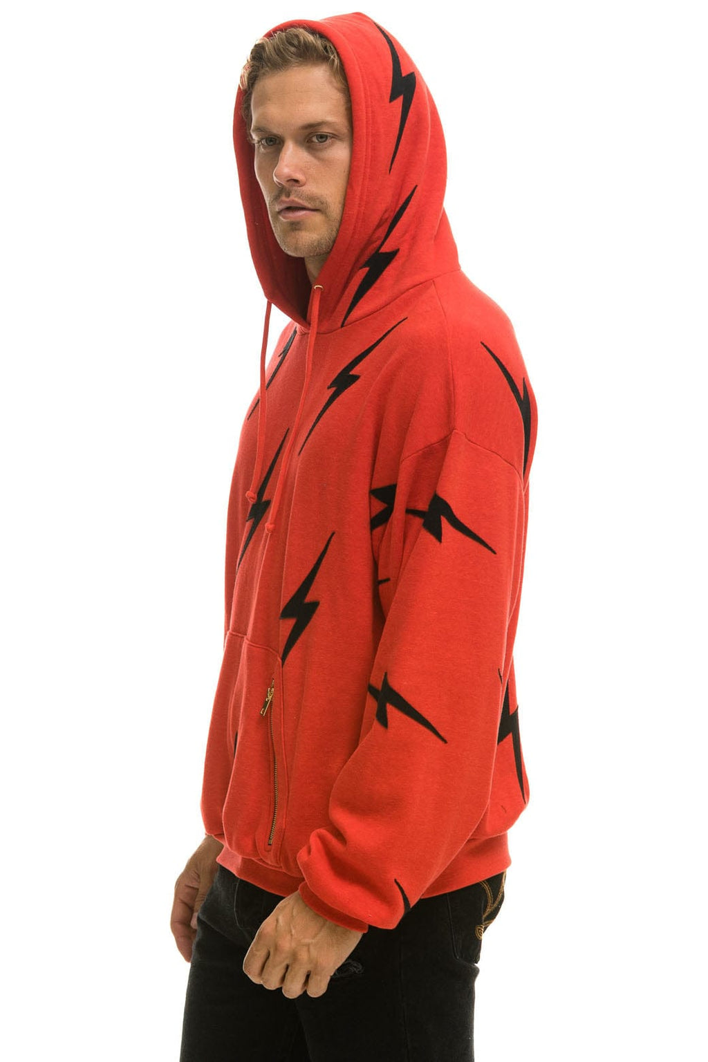 Retro BOLT STITCH REPEAT RELAXED PULLOVER HOODIE WITH POCKET ZIPPERS - RED BLACK