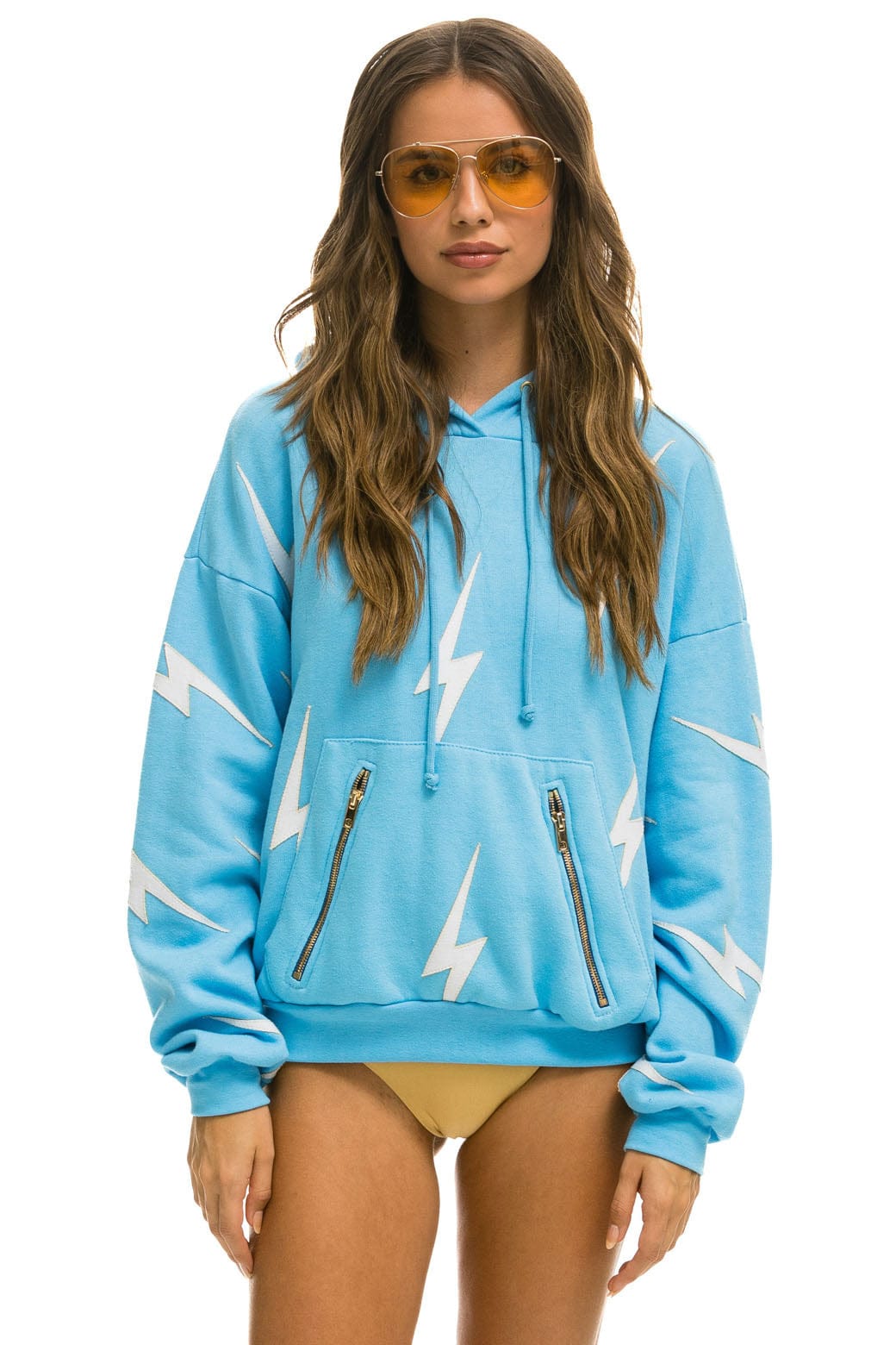 Retro BOLT STITCH REPEAT RELAXED PULLOVER HOODIE WITH POCKET ZIPPERS - SKY WHITE