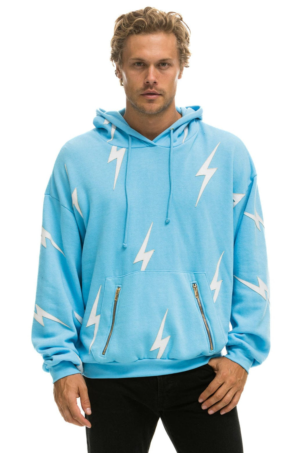 Retro BOLT STITCH REPEAT RELAXED PULLOVER HOODIE WITH POCKET ZIPPERS - SKY WHITE