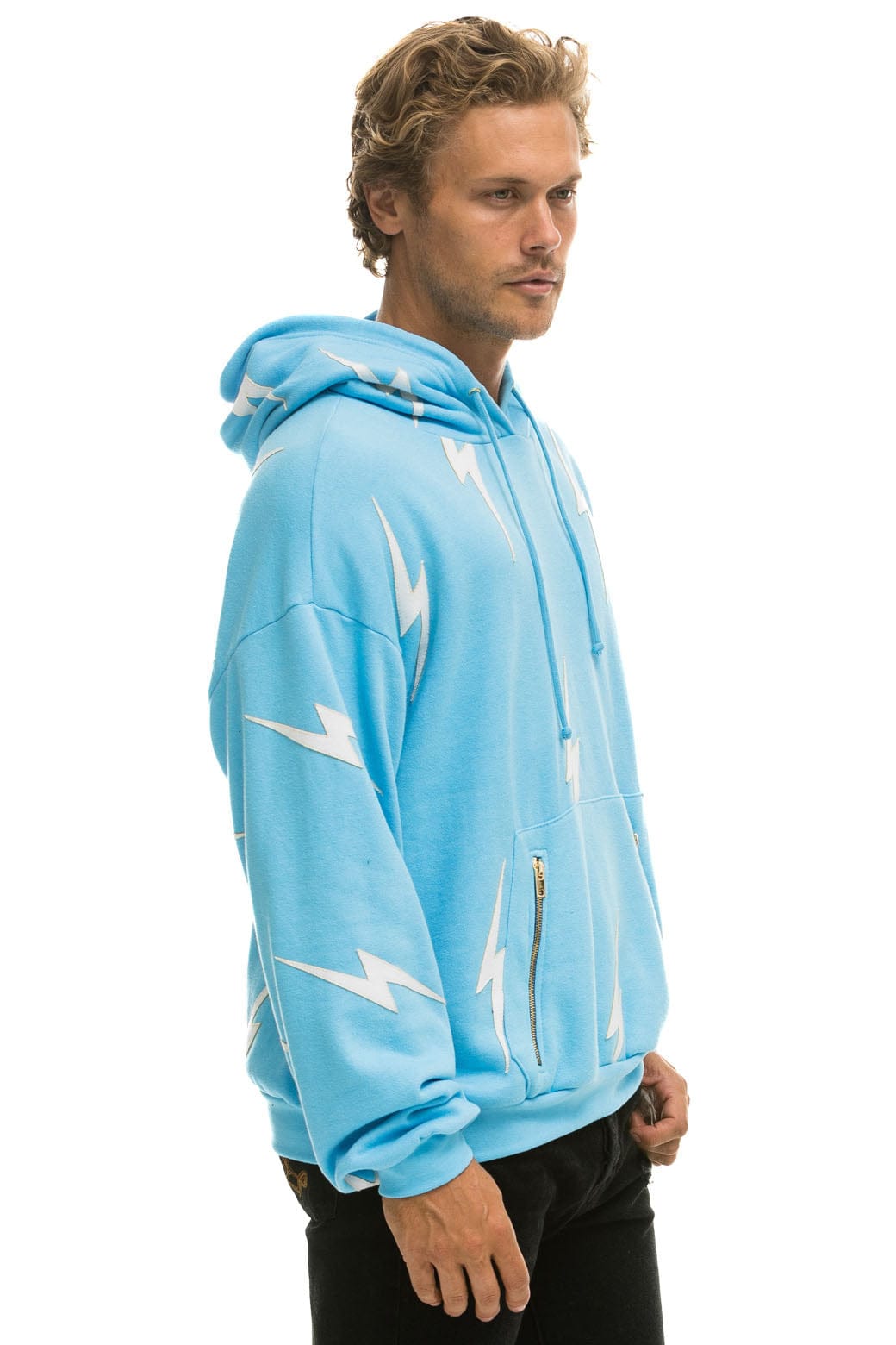 Retro BOLT STITCH REPEAT RELAXED PULLOVER HOODIE WITH POCKET ZIPPERS - SKY WHITE