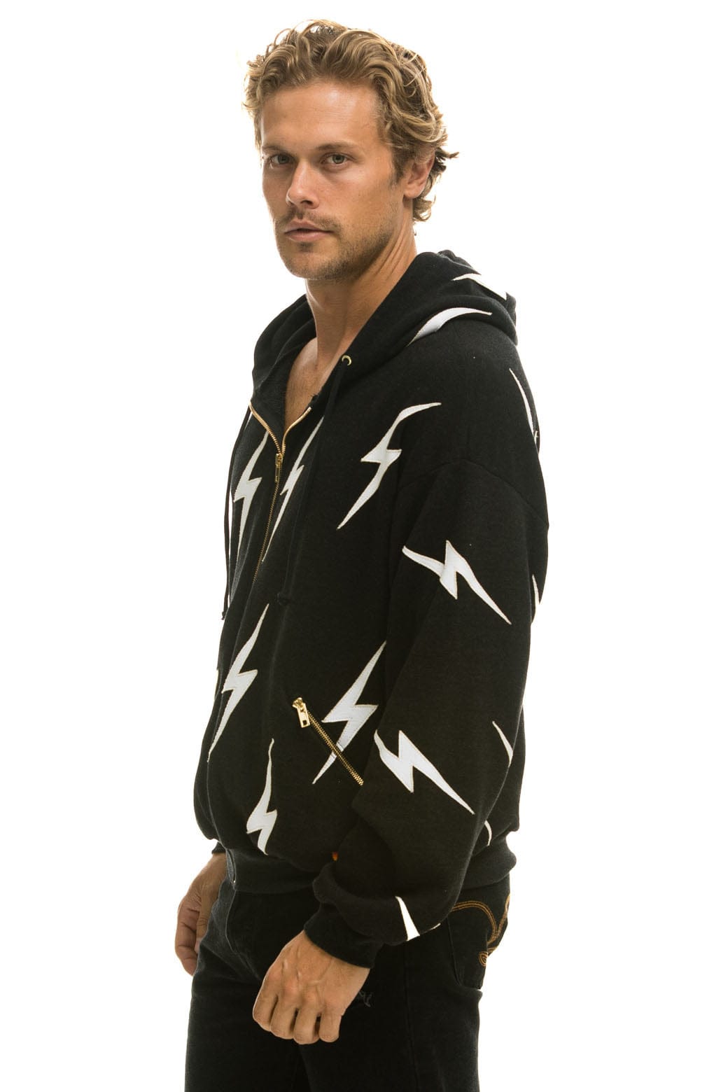 Retro BOLT STITCH REPEAT RELAXED ZIP HOODIE WITH POCKET ZIPPERS- BLACK WHITE