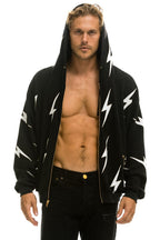 Retro BOLT STITCH REPEAT RELAXED ZIP HOODIE WITH POCKET ZIPPERS- BLACK WHITE