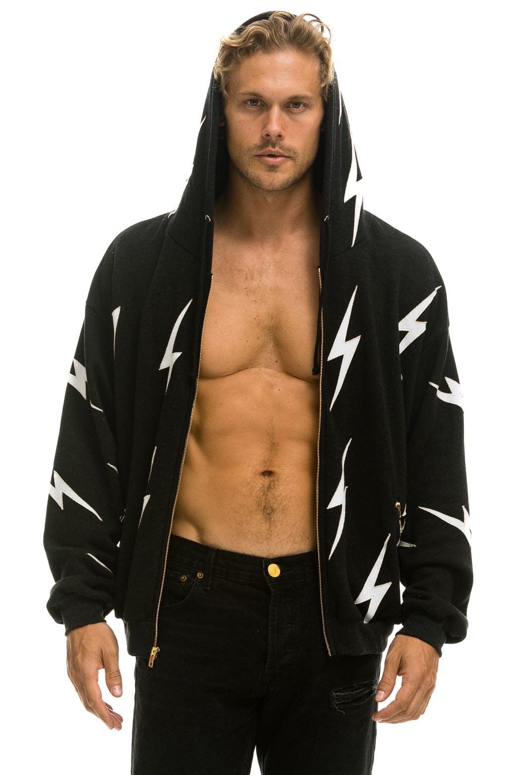 Retro BOLT STITCH REPEAT RELAXED ZIP HOODIE WITH POCKET ZIPPERS- BLACK WHITE