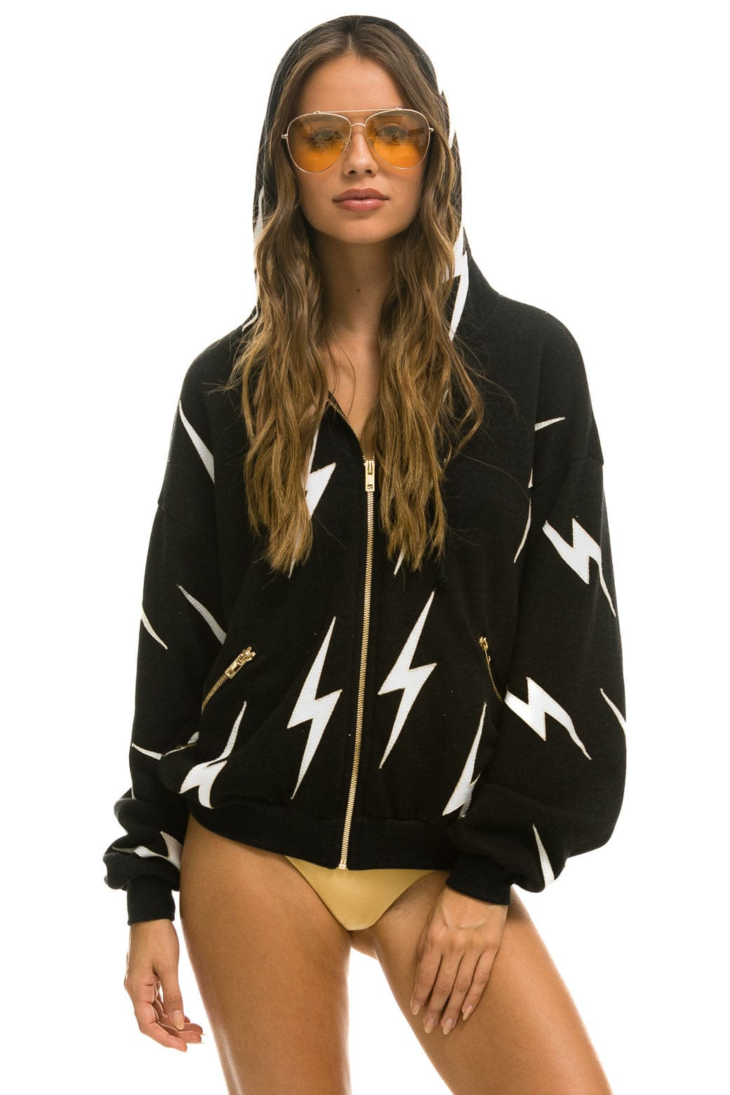 Retro BOLT STITCH REPEAT RELAXED ZIP HOODIE WITH POCKET ZIPPERS- BLACK WHITE