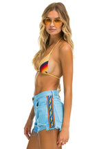 Retro BOLT STRIPE BOYFRIEND CUTOFF JEAN SHORTS - SKY