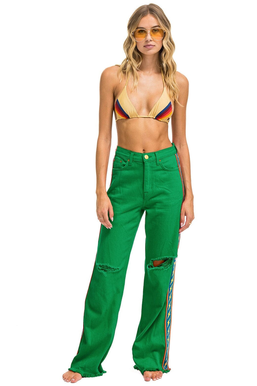 Retro BOLT STRIPE HI RISE WIDE-LEG GYPSY JEAN - KELLY GREEN