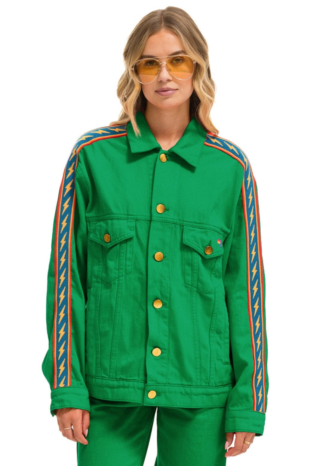 Retro BOLT STRIPE OVERSIZED CONCERT DENIM JACKET - KELLY GREEN