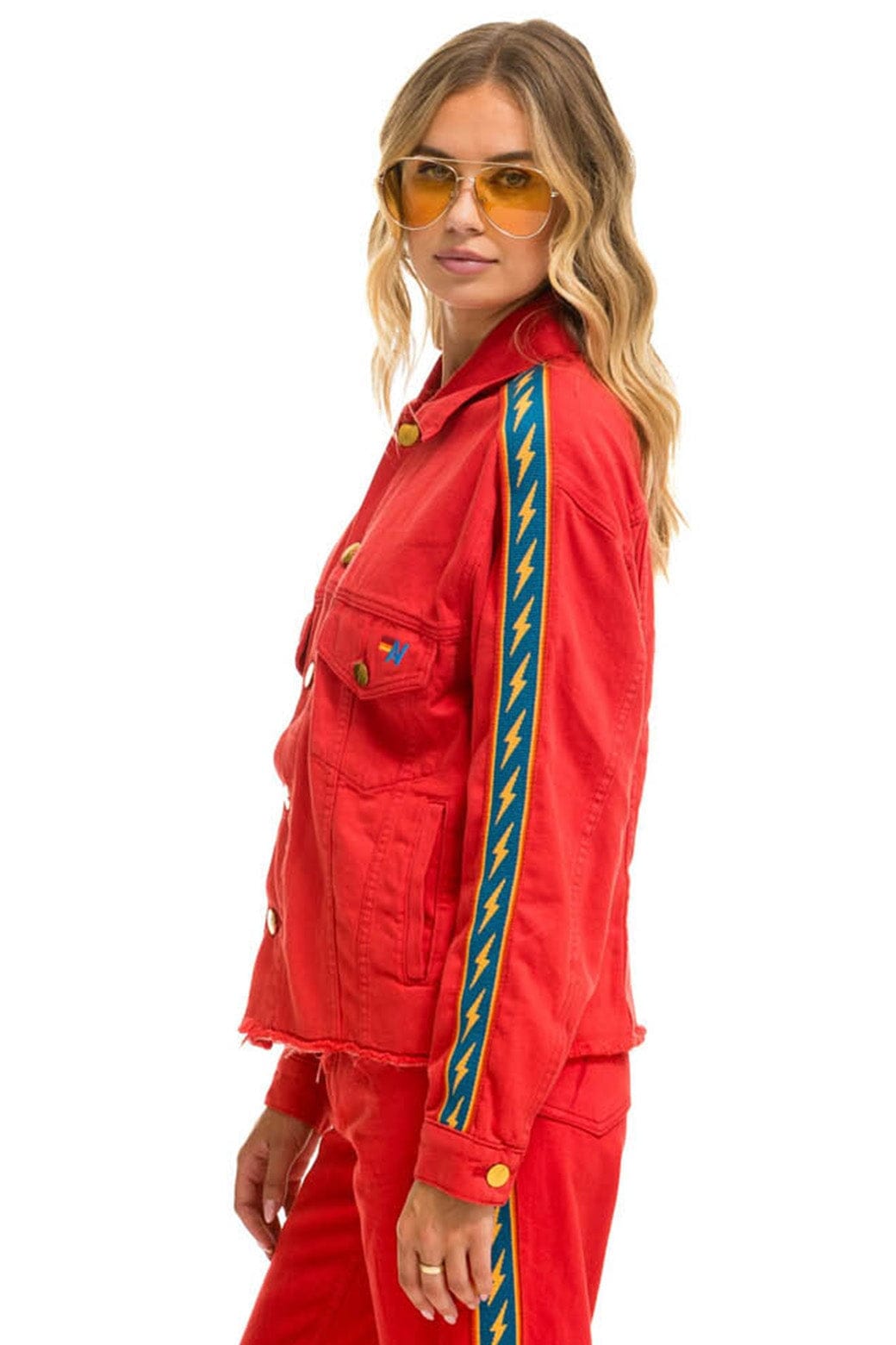 Retro BOLT STRIPE OVERSIZED CUTOFF DENIM JACKET - RED