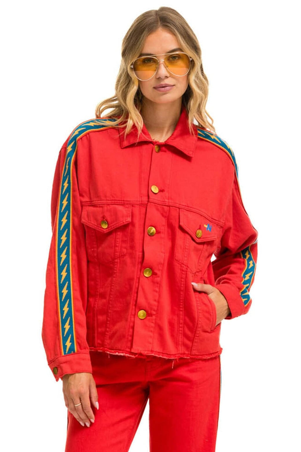 Retro BOLT STRIPE OVERSIZED CUTOFF DENIM JACKET - RED