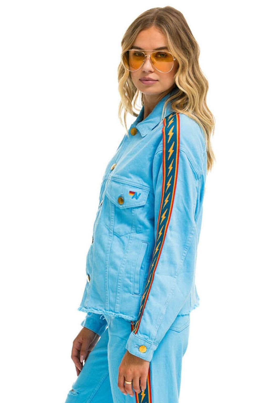 Retro BOLT STRIPE OVERSIZED CUTOFF DENIM JACKET - SKY
