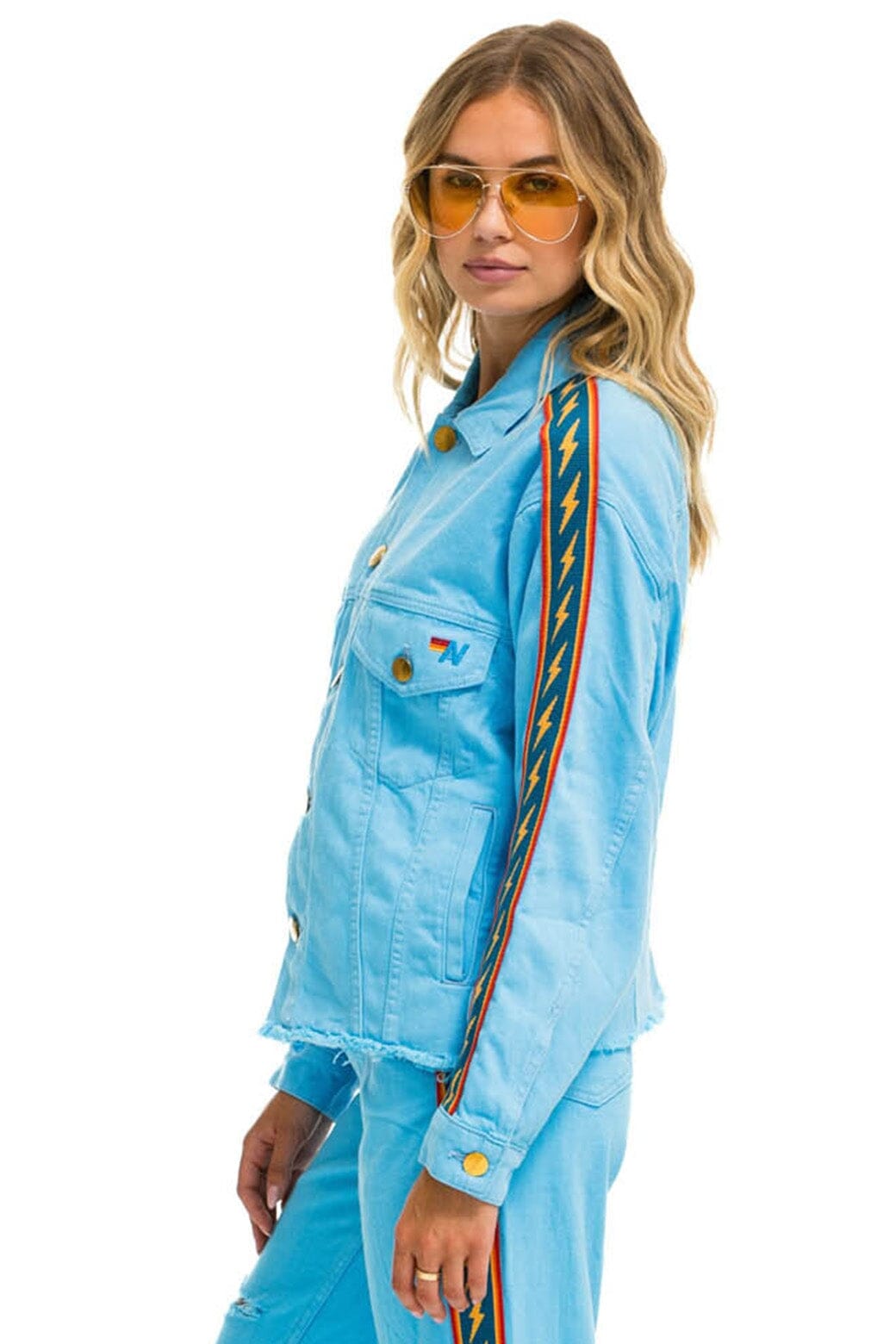Retro BOLT STRIPE OVERSIZED CUTOFF DENIM JACKET - SKY