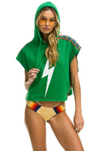 Retro BOLT STRIPE SLEEVELESS RELAXED CROPPED PULLOVER HOODIE - KELLY GREEN