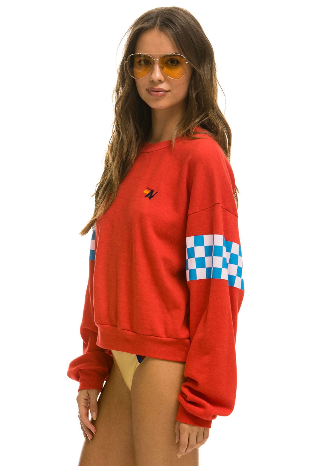 Retro CHECK 2 SLEEVE RELAXED CREW SWEATSHIRT - RED WHITE BLUE