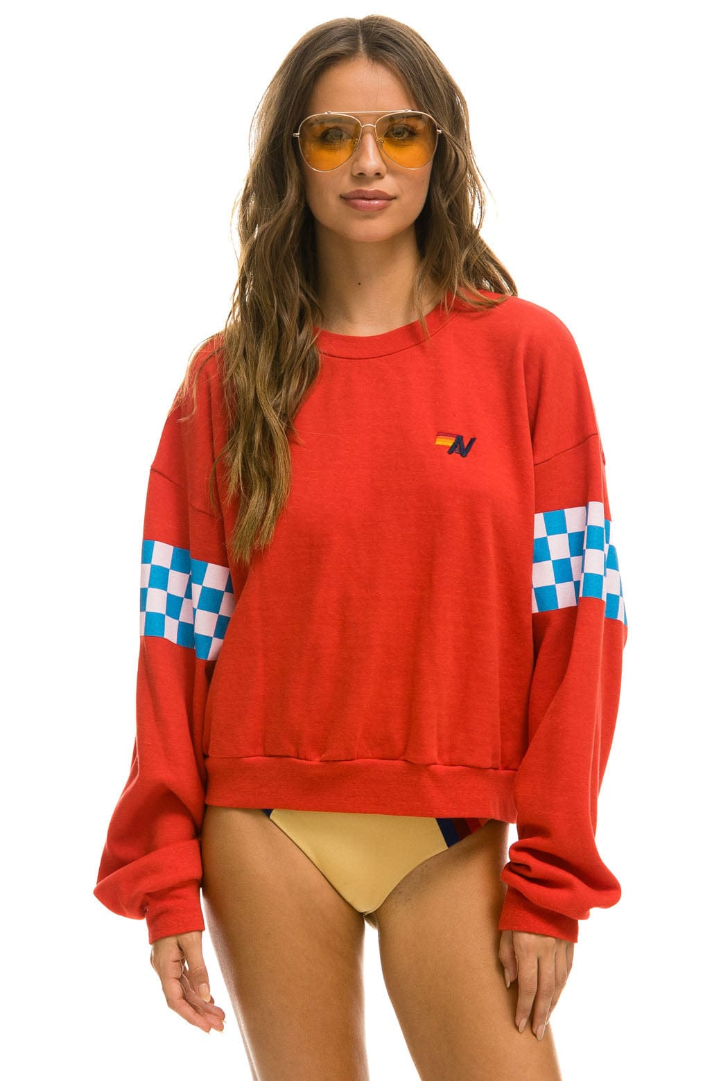 Retro CHECK 2 SLEEVE RELAXED CREW SWEATSHIRT - RED WHITE BLUE