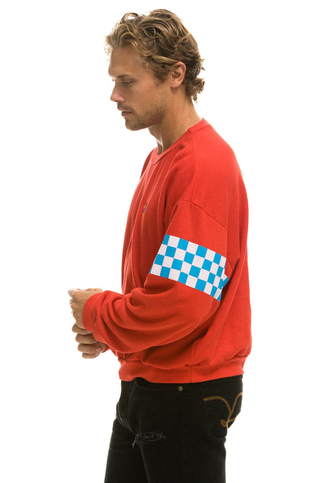 Retro CHECK 2 SLEEVE RELAXED CREW SWEATSHIRT - RED WHITE BLUE