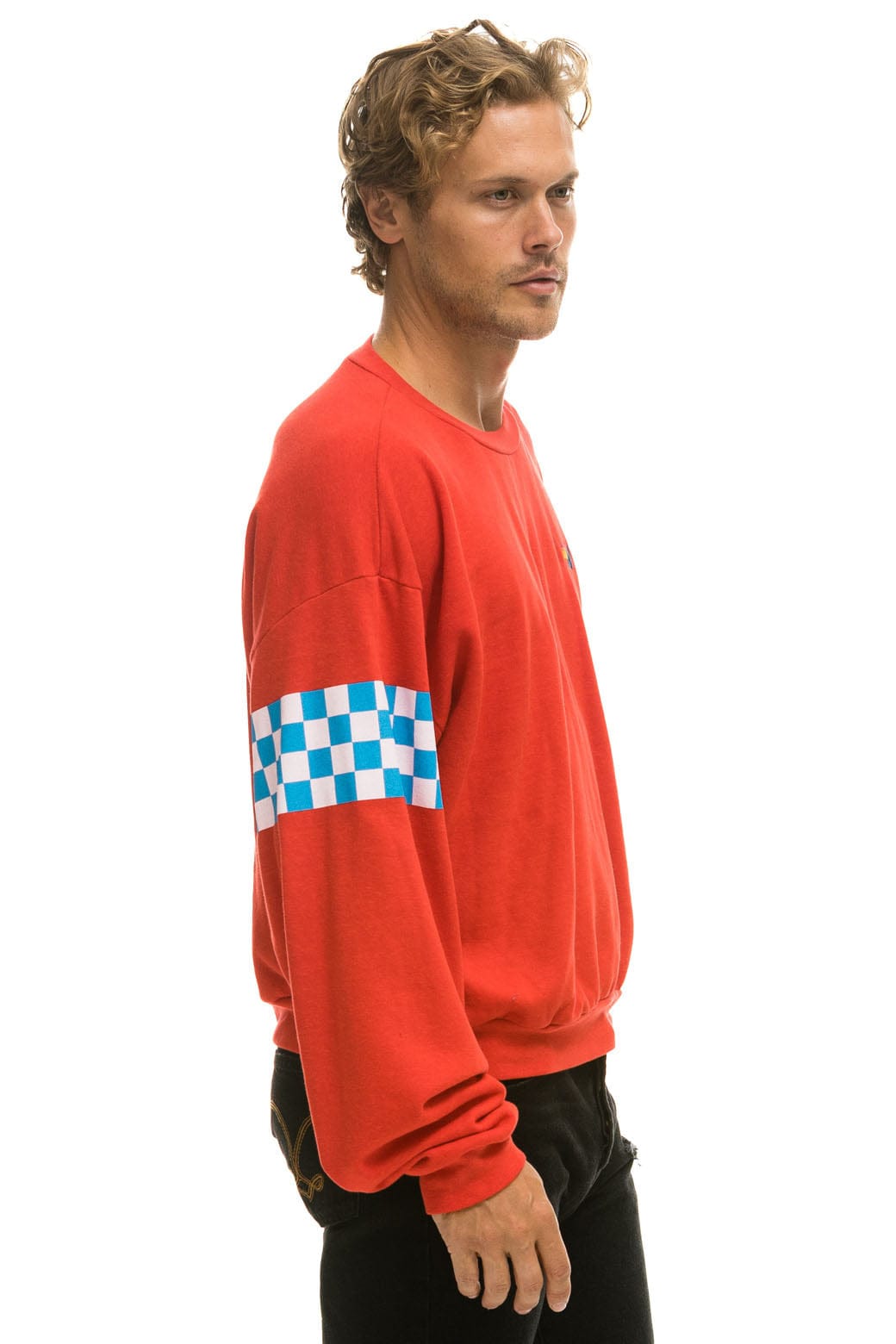 Retro CHECK 2 SLEEVE RELAXED CREW SWEATSHIRT - RED WHITE BLUE