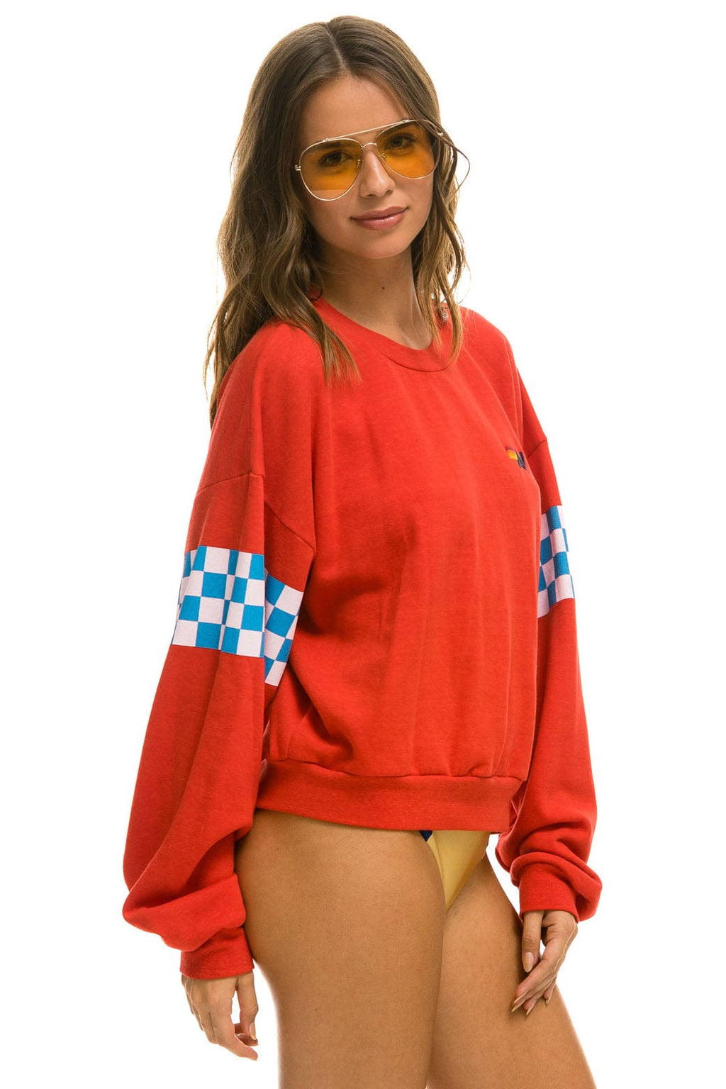 Retro CHECK 2 SLEEVE RELAXED CREW SWEATSHIRT - RED WHITE BLUE