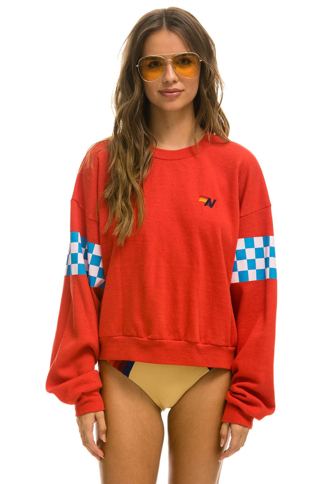 Retro CHECK 2 SLEEVE RELAXED CREW SWEATSHIRT - RED WHITE BLUE