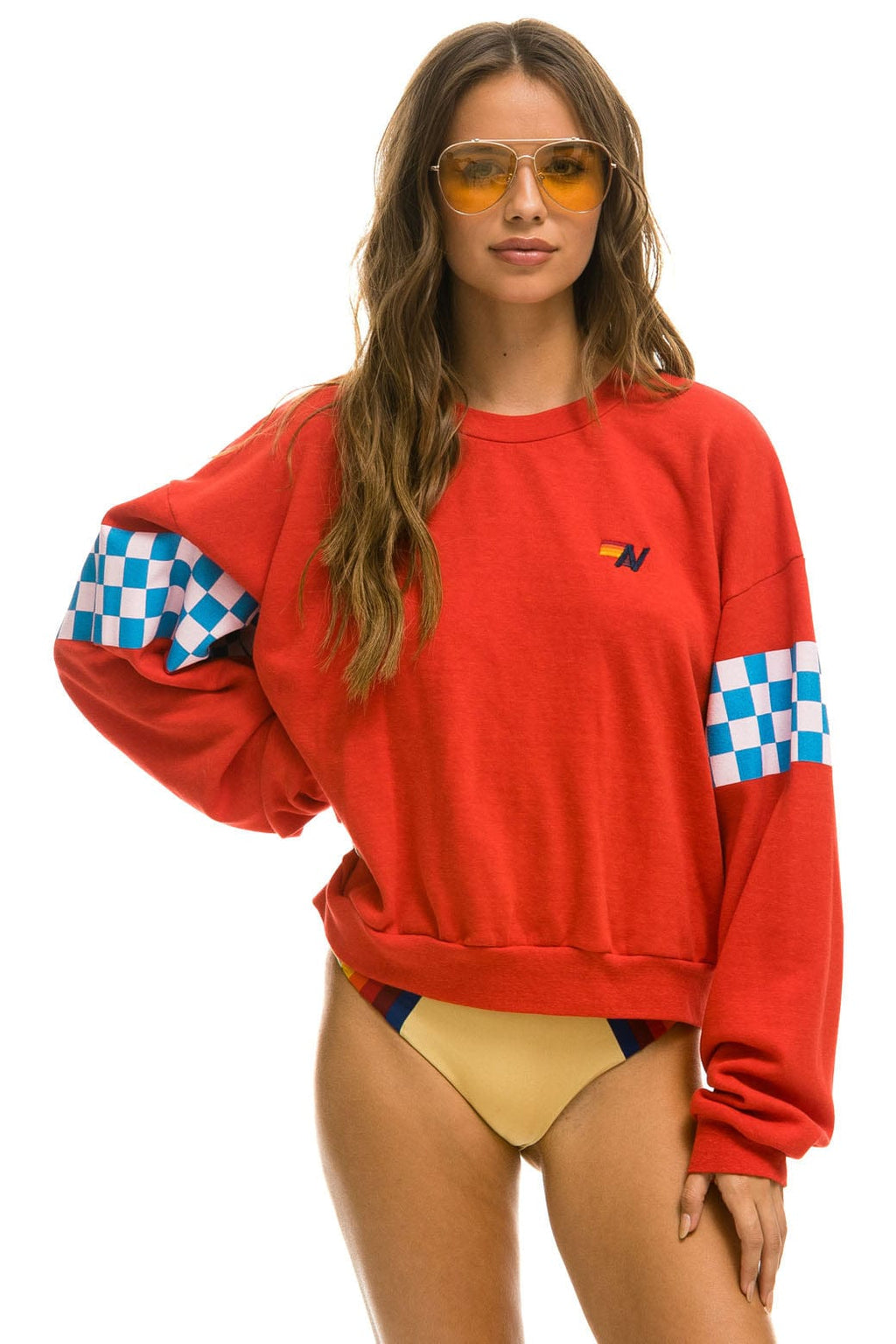 Retro CHECK 2 SLEEVE RELAXED CREW SWEATSHIRT - RED WHITE BLUE