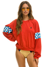Retro CHECK 2 SLEEVE RELAXED CREW SWEATSHIRT - RED WHITE BLUE