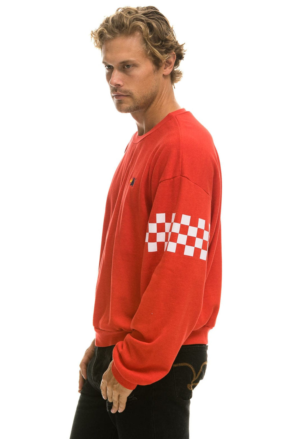 Retro CHECK 2 SLEEVE RELAXED CREW SWEATSHIRT - RED WHITE