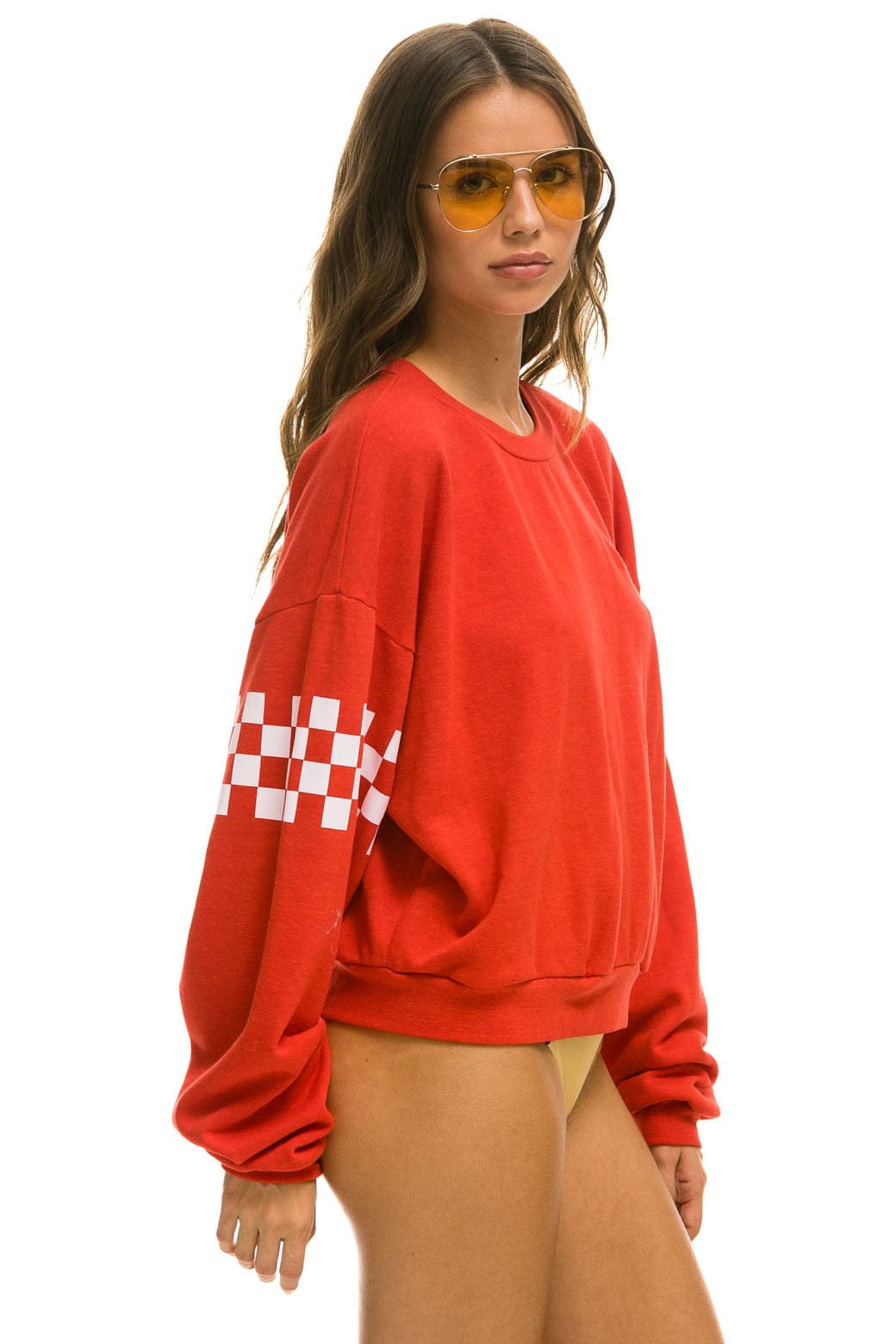 Retro CHECK 2 SLEEVE RELAXED CREW SWEATSHIRT - RED WHITE