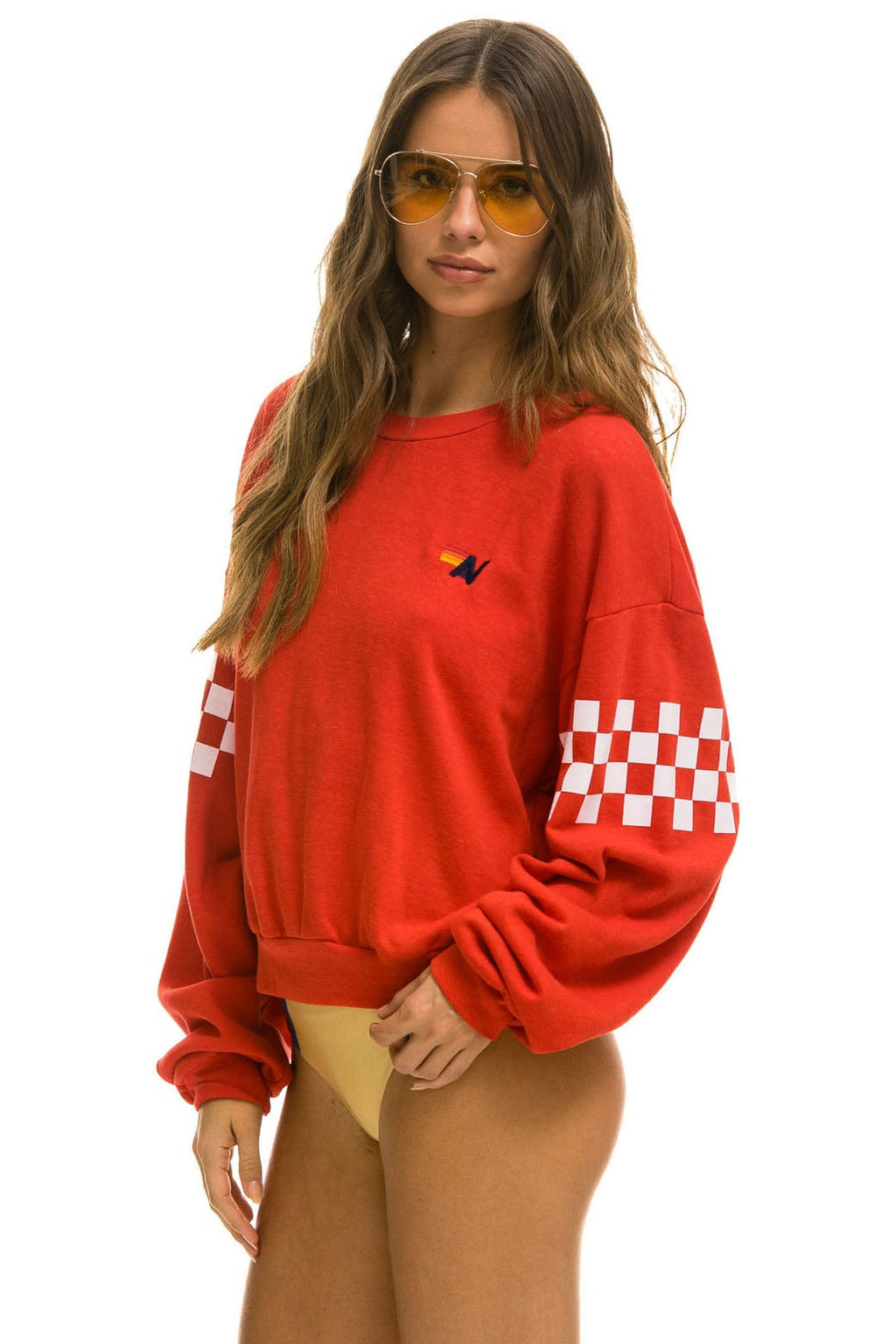 Retro CHECK 2 SLEEVE RELAXED CREW SWEATSHIRT - RED WHITE