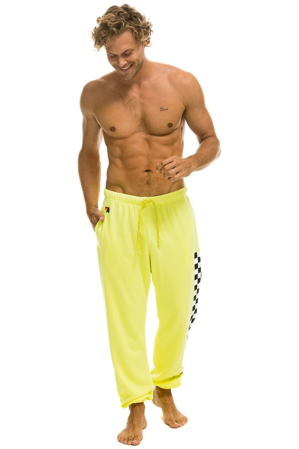 Retro CHECK LEG SWEATPANTS - NEON YELLOW