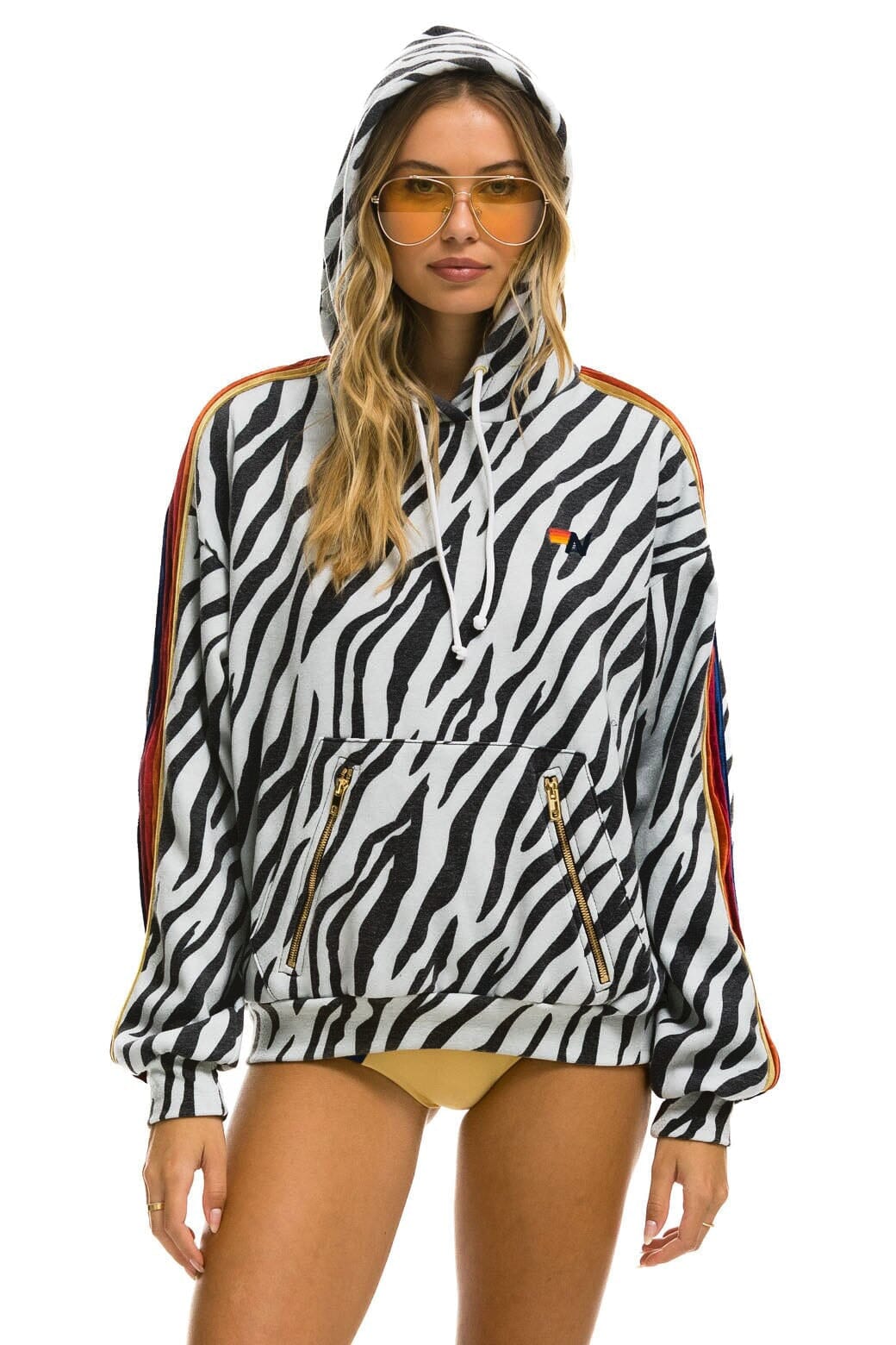 Retro CLASSIC RELAXED PULLOVER HOODIE WITH ZIPPER POCKETS - ZEBRA