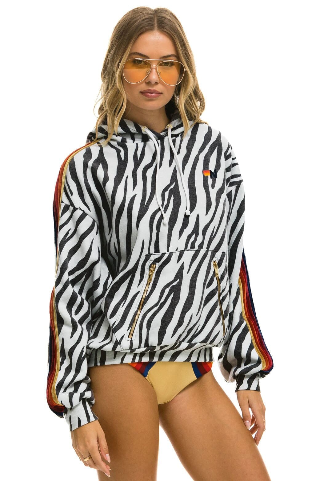 Retro CLASSIC RELAXED PULLOVER HOODIE WITH ZIPPER POCKETS - ZEBRA